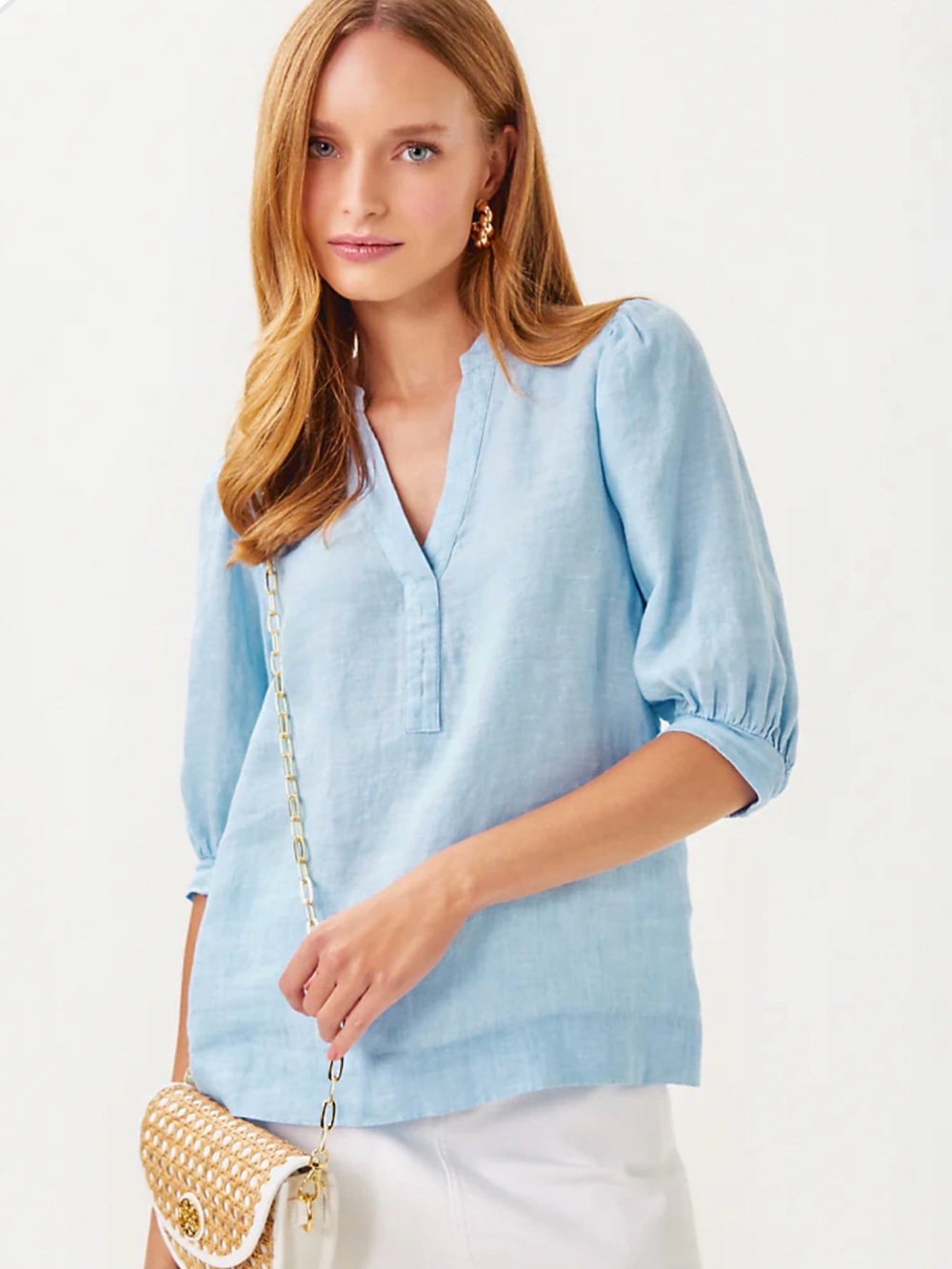 Lilly Pulitzer Mialeigh Elbow Sleeve Linen Top, Blue Peri X Resort White
